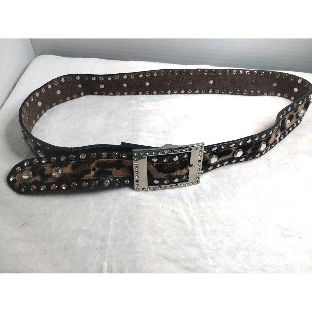Leopard Print Rhinestone Studded Belt Faux Fur Western Glam Black‎ Brown 44.5in